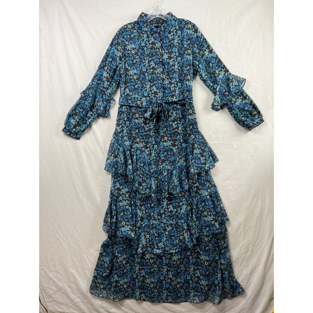 Refka Floral Maxi Dress Womens 4 Blue Tiered Ruffle Long Sleeve Belted Modest